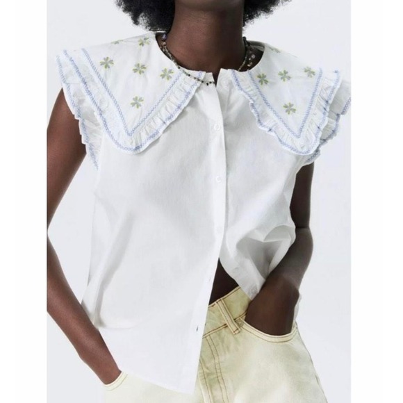 Zara Tops - Zara White Cotton Peter Pan Collar Blouse Puff Sleeve Ruffle Top Cottage Small